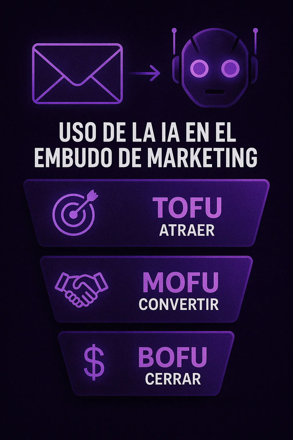 Infografía en tonos morados que muestra el embudo TOFU, MOFU y BOFU con sus funciones de atraer, convertir y cerrar mediante IA