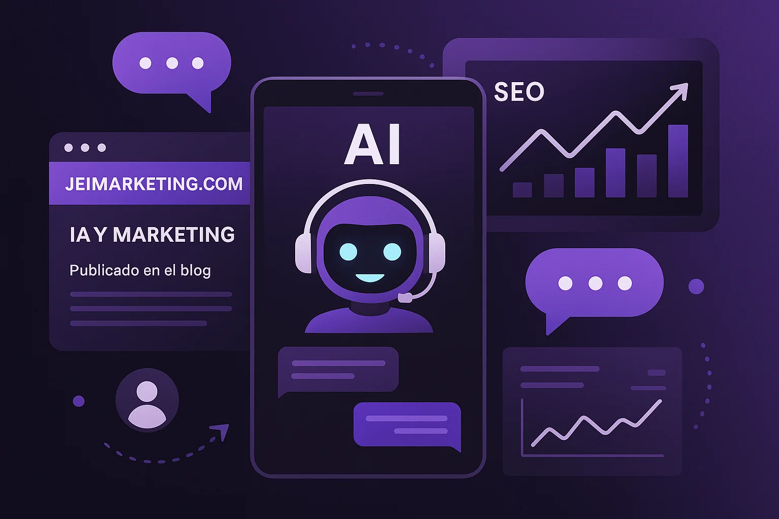 Chatbot con inteligencia artificial brindando atención al cliente y analizando métricas de marketing digital en entorno morado y negro