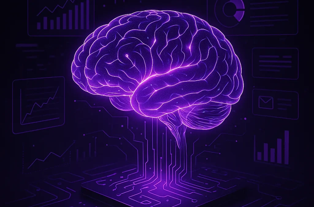 Cerebro digital iluminado en colores morado y negro, representando la inteligencia artificial en el marketing moderno